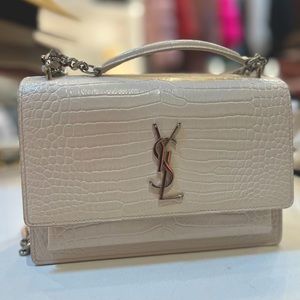 YSL SUNSET MEDIUM CHAIN BAG IN CROCODILE-EMBOSSED SHINY LEATHER